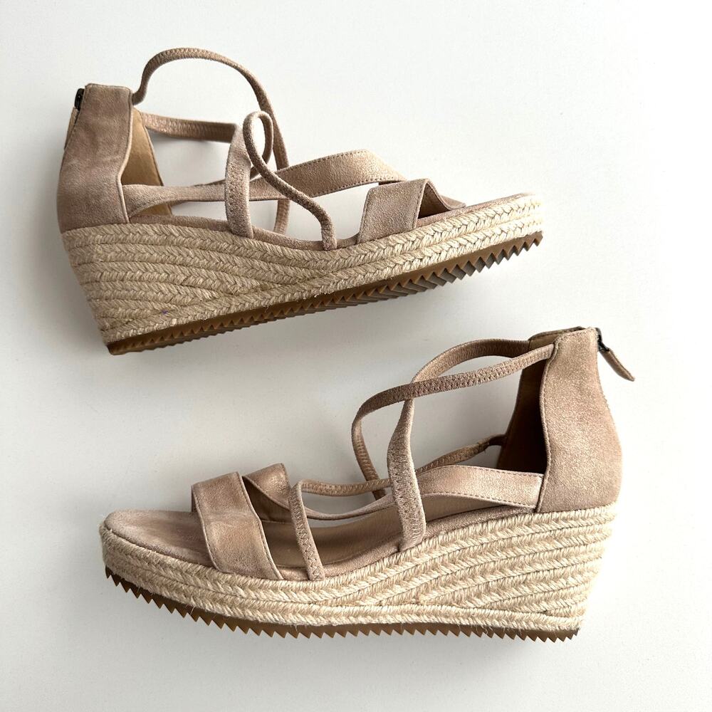 Eileen Fisher EUC Wanda Blush Suede Back Zip Jute Wrap Heel Strappy Sandals 9.5